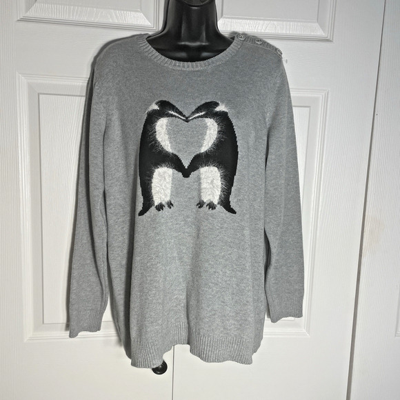Charter Club Sweater Women 1X Gray Penguins Graphic Crew Neck Knit Pullover Top - Picture 1 of 13